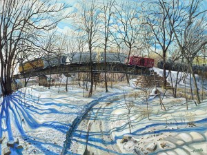 11"Brookside Train"Acrylic on canvas. 40x30". 2014.
